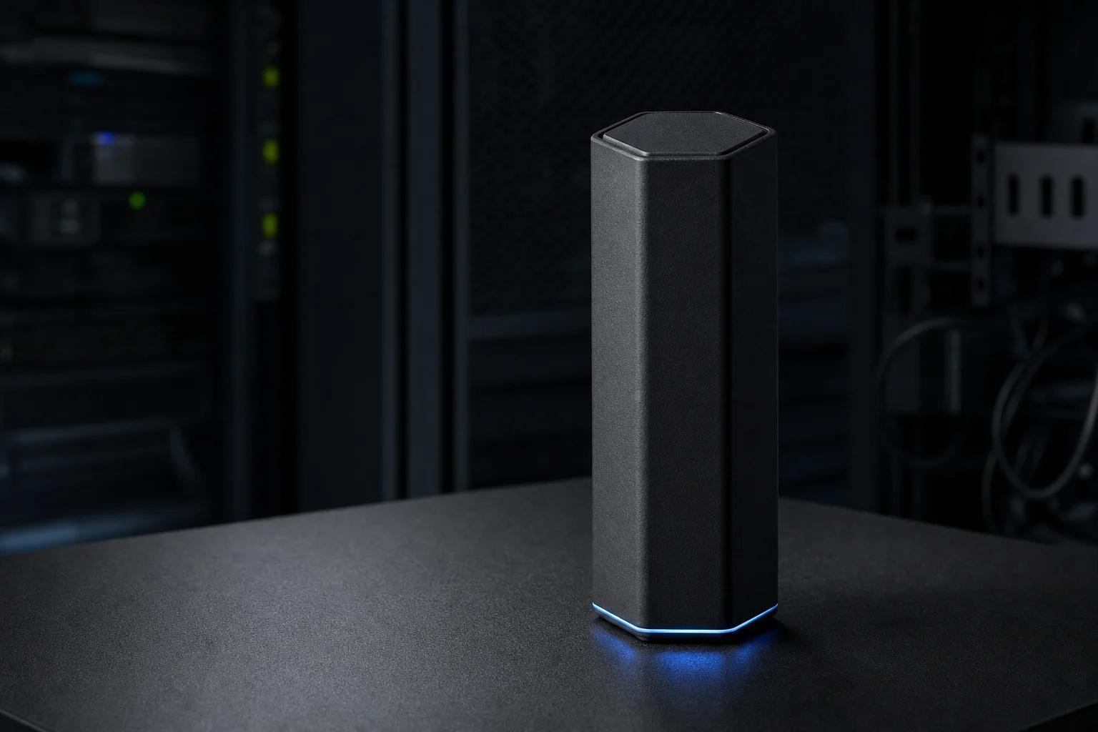 Overwatch Node standing alone on a dark equipment desk
